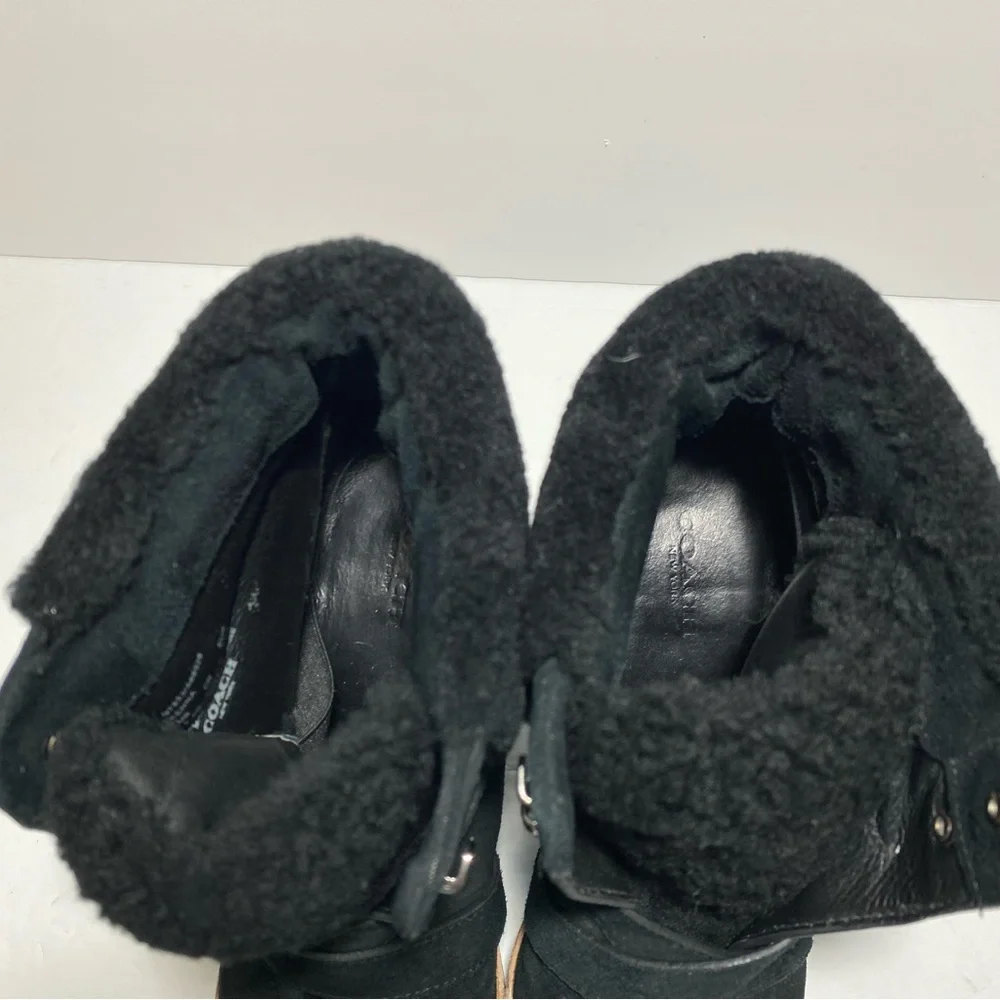 Coach Kenna Shearling Suede Black Leather  Wedge Booties Ankle Boots Size 7.5
